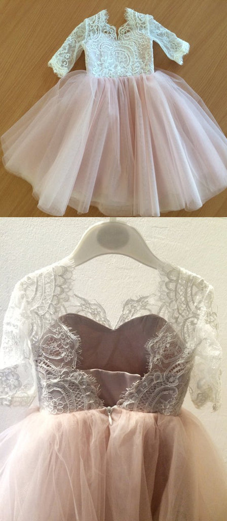 Lace Top Half Sleeves Pink Tulle Flower Girl Dresses, V-back Popular Little Girl Dresses,  FG027