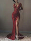 Sexy Red Llace Mermaid Side Split Deep V Neck Long Prom Dress, BGP060