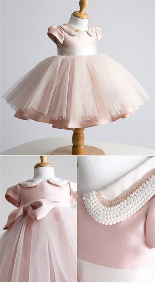 Lovely Cap Sleeve Pink Tulle Satin Flower Girl Dresses, Affordable Little Girl Dresses, FG031