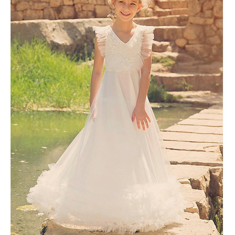 V-neck Ivory Tulle Appliques A-lone Long Little Girl Dresses, Lovely Flower Girl Dresses, FG065