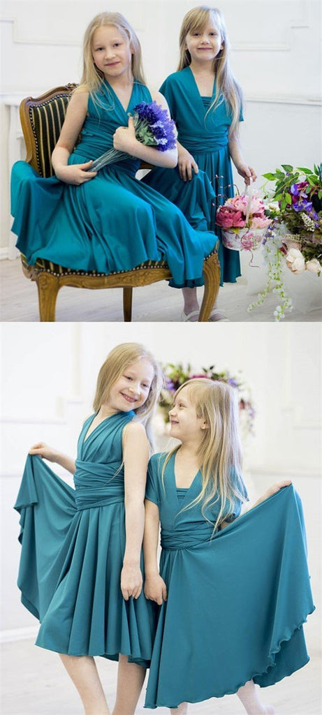 Convertible Teal Jersey Cheap Flower Girl Dresses, Junior Bridesmaid Dresses,  FG034 - Wish Gown