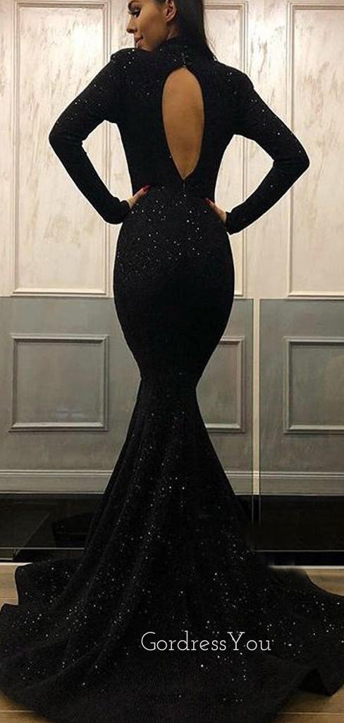 Black Long Sleeves High Neck Mermaid Long Prom Dresses, WP029