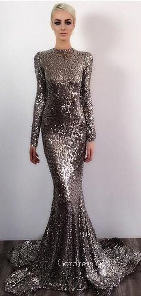 Open Back Long Sleeves Sequin Sexy Sparkle Mermaid Long Prom Dresses, BG51570