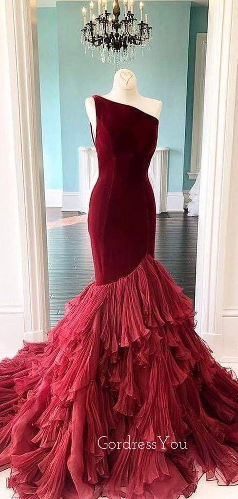 One Shoulder Mermaid Tulle Velvet Long Prom Dresses GDW111