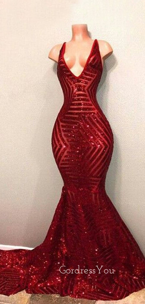 Sexy Mermaid Red Sequin V Neck Cheap Evening Long Prom Dress, BGP090