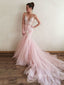 Pink V Neck Applique Tulle V Back Mermaid Inexpensive Long Prom Dress, BGP065