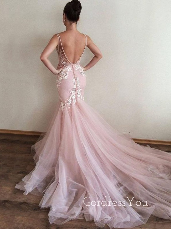 Pink V Neck Applique Tulle V Back Mermaid Inexpensive Long Prom Dress, BGP065