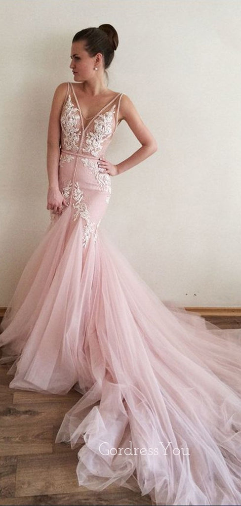 Pink V Neck Applique Tulle V Back Mermaid Inexpensive Long Prom Dress, BGP065