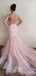 Pink V Neck Applique Tulle V Back Mermaid Inexpensive Long Prom Dress, BGP065