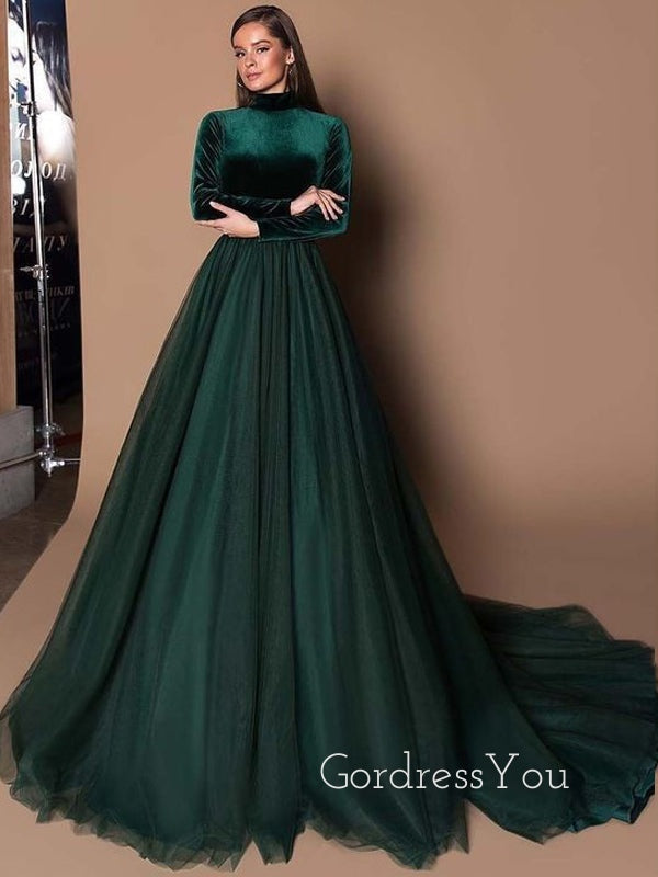 Teal Green Long Sleeves High Neck Long Prom Dresses FP1118