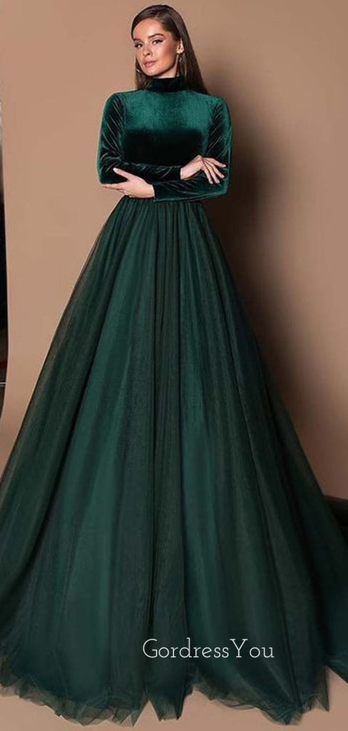 Teal Green Long Sleeves High Neck Long Prom Dresses FP1118