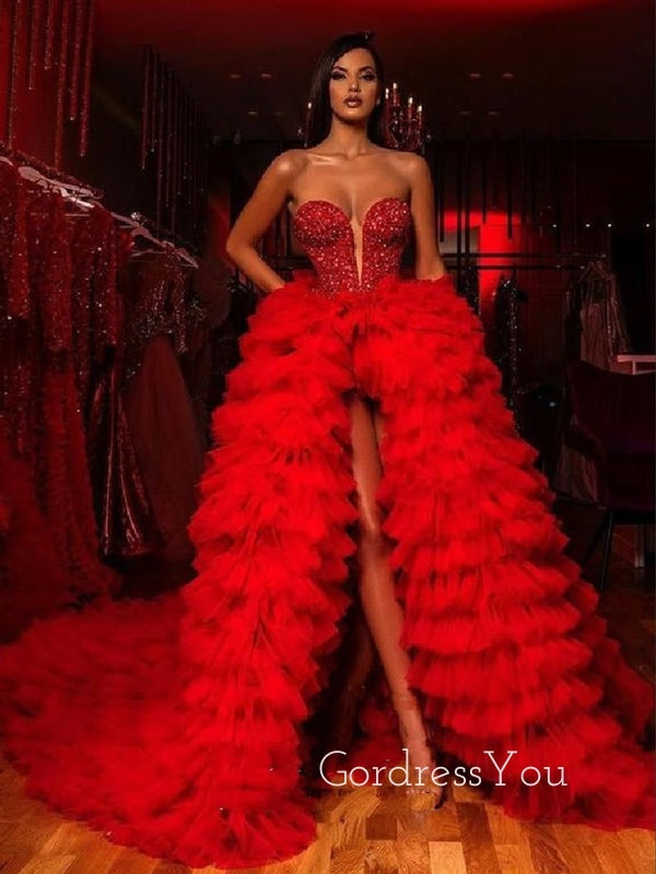 Red Sweetheart Side Split Long Prom Dresses GDW102