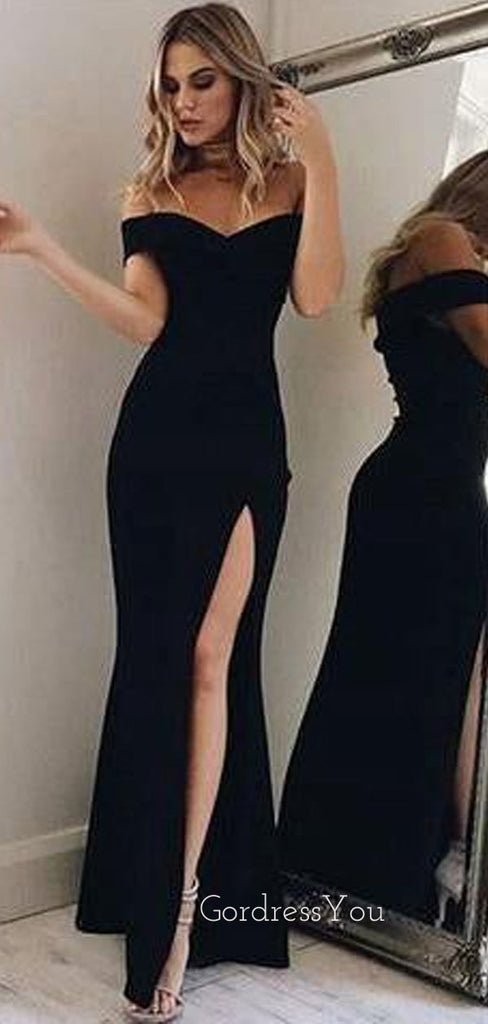 Sexy Black Off Shoulder Side Split Long Prom Dresses FP1208