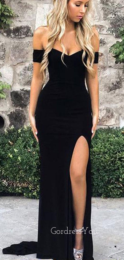 Sexy Black Off Shoulder Side Split Long Prom Dresses FP1208