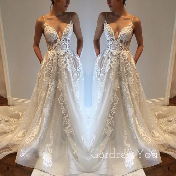 Applique Sexy Online V Neck Ivory Fashion Long Prom Wedding Dresses, BG51501 - Bubble Gown