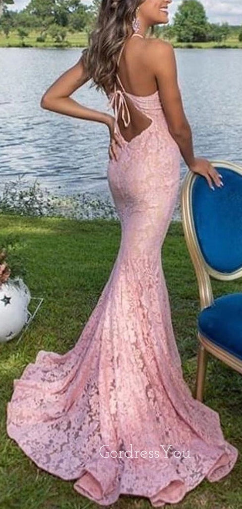 Elegant Pink Halter Lace Mermaid Long Prom Dress  FP1206