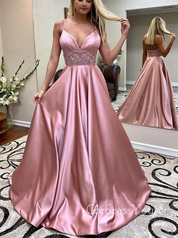 Elegant V-neck Spaghetti Strap Beads Long Prom Dress  FP1203