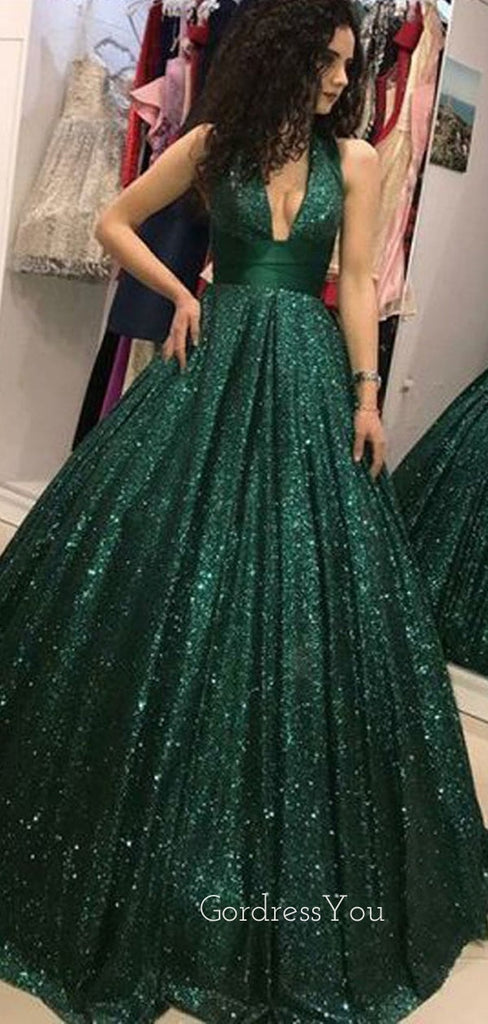 Sexy Dazzling Green V-neck Long Prom Dress  FP1201