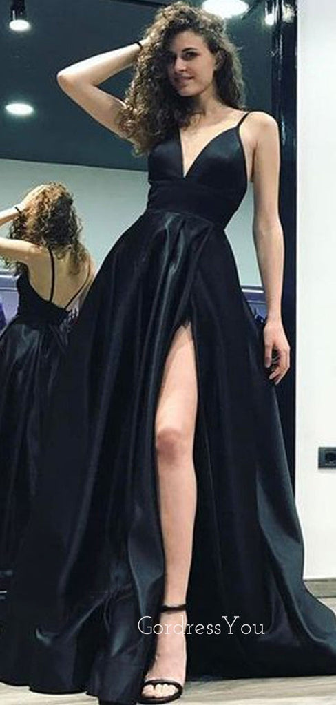 Sexy Black V-neck Side Split Long Prom Dress  FP1200