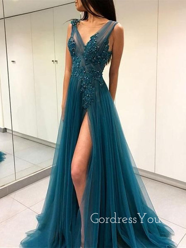 Sexy Navy-blue A-line Split Side Long Prom Dress  FP1198