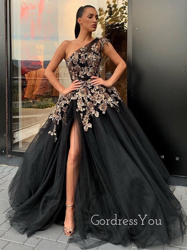 Black One Shoulder Side Slit Applique Long Prom Dresses GDW107