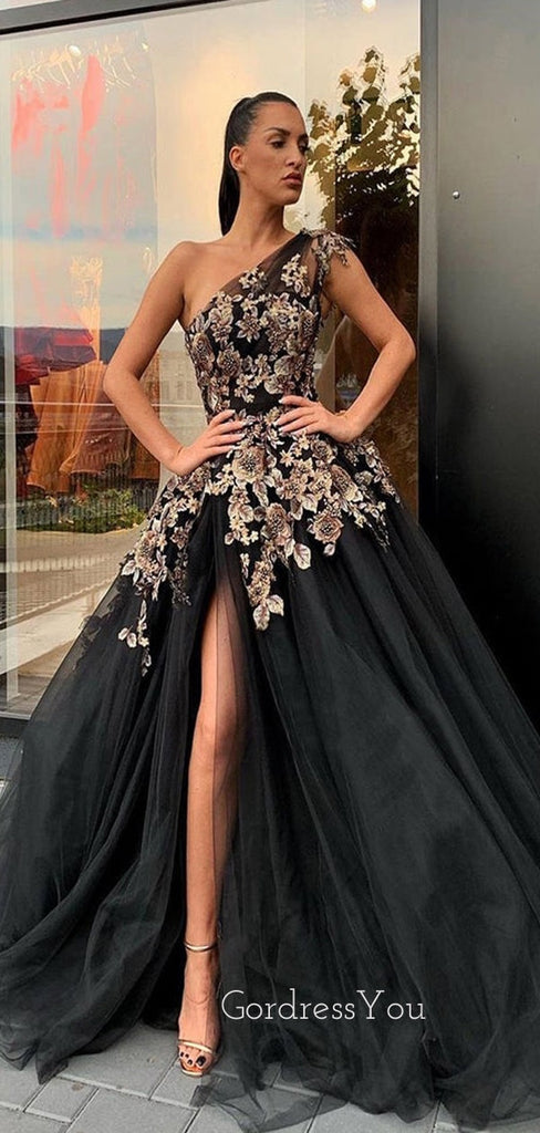 Black One Shoulder Side Slit Applique Long Prom Dresses GDW107