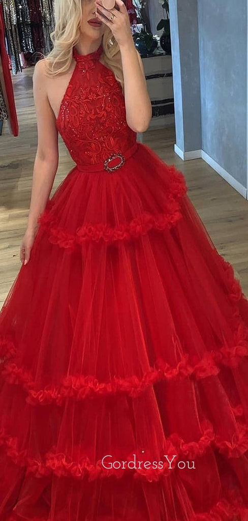 Red Halter Tulle Lace Long Prom Dresses Ball Gown GDW103