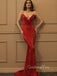 Red Spaghetti Strap Mermaid Sequin Long Prom Dresses, WP032