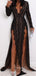 Sexy Black Lace Long Sleeves V Neck Splits Long Evening Prom Dresses, WP020