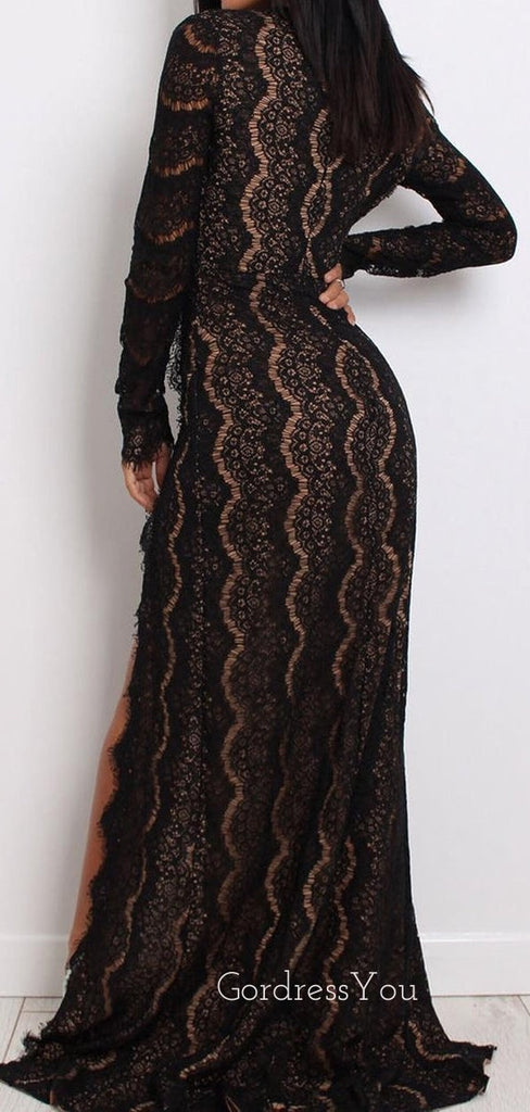 Sexy Black Lace Long Sleeves V Neck Splits Long Evening Prom Dresses, WP020