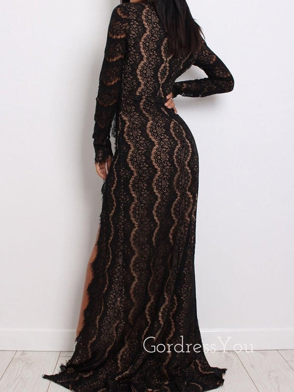 Sexy Black Lace Long Sleeves V Neck Splits Long Evening Prom Dresses, WP020