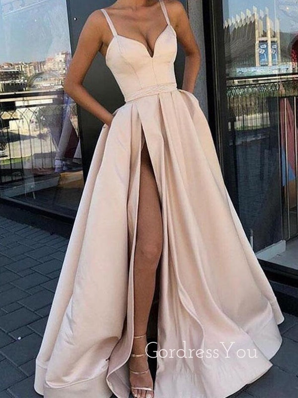 Spaghetti Strap Sweetheart Side Slits A Line Long Prom Dresses, WP009