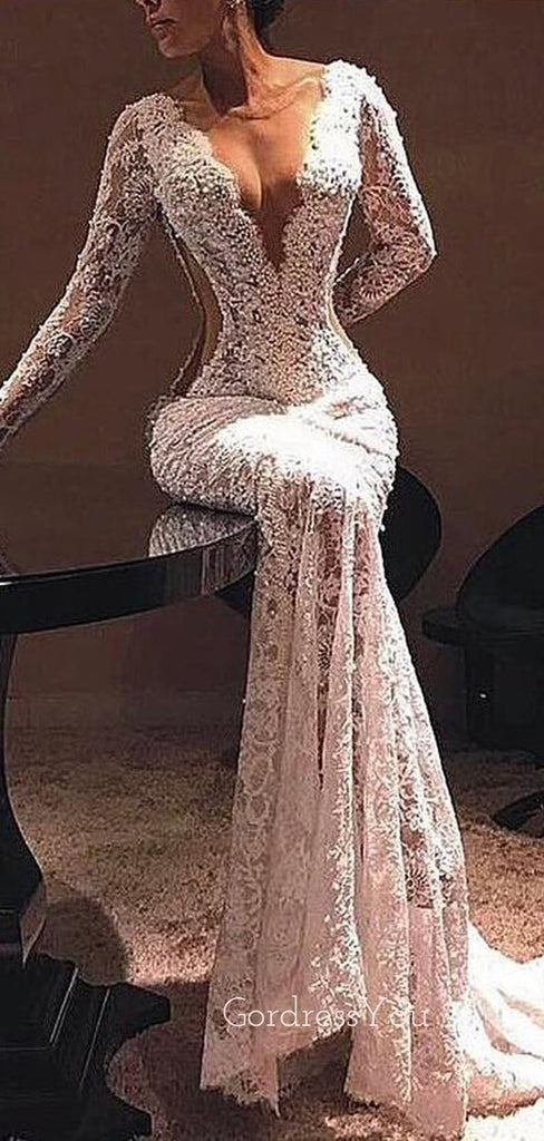 Sexy Long Sleeves Lace Mermaid V Neck Long Prom Dresses, WP004