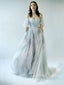 Most Popular Off the Shoulder Short Sleeves Grey Blue Gradient Long Prom Dress, BGP089