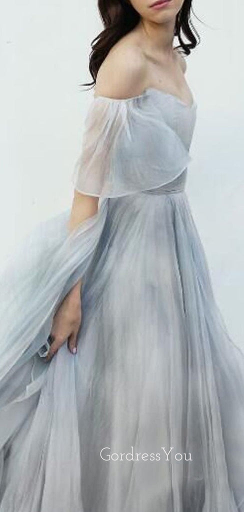 Most Popular Off the Shoulder Short Sleeves Grey Blue Gradient Long Prom Dress, BGP089