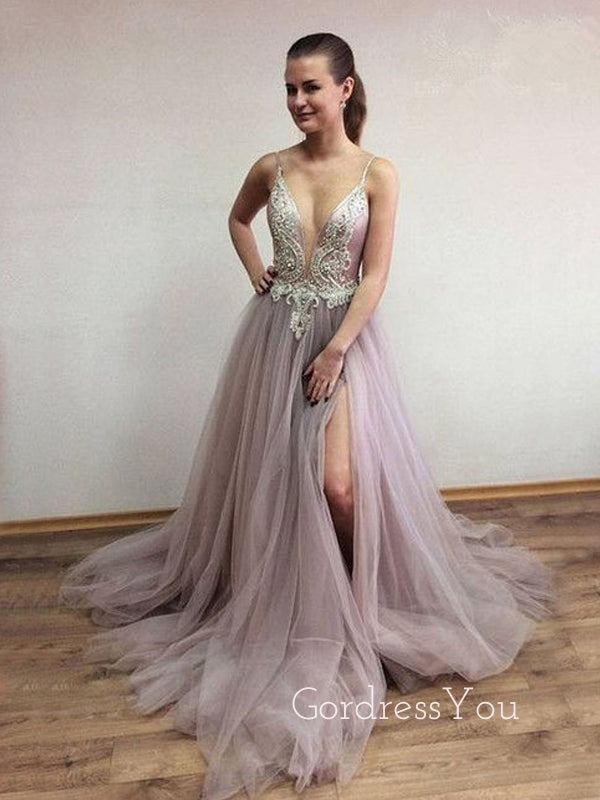 Charming V Neck Side Split Tulle V Back Affordable Long Prom Dress, BGP064