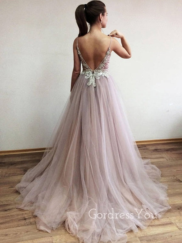 Charming V Neck Side Split Tulle V Back Affordable Long Prom Dress, BGP064