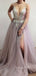 Charming V Neck Side Split Tulle V Back Affordable Long Prom Dress, BGP064