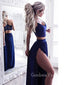 Two Piece A-line Sleeveless V-neck Deep Side Slit Hot Prom Dresses, OL010