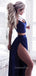 Two Pieces Royal Blue Side Slit Sexy Cheap Long Prom Dresses, BG51565