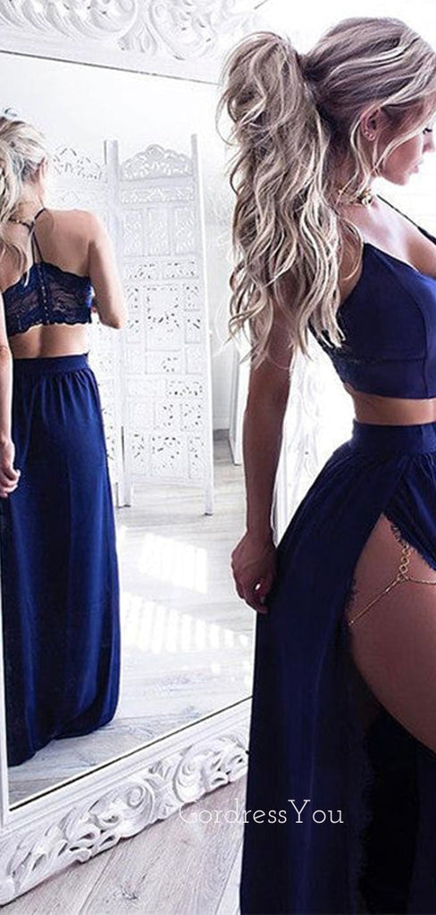 Two Pieces Royal Blue Side Slit Sexy Cheap Long Prom Dresses, BG51565