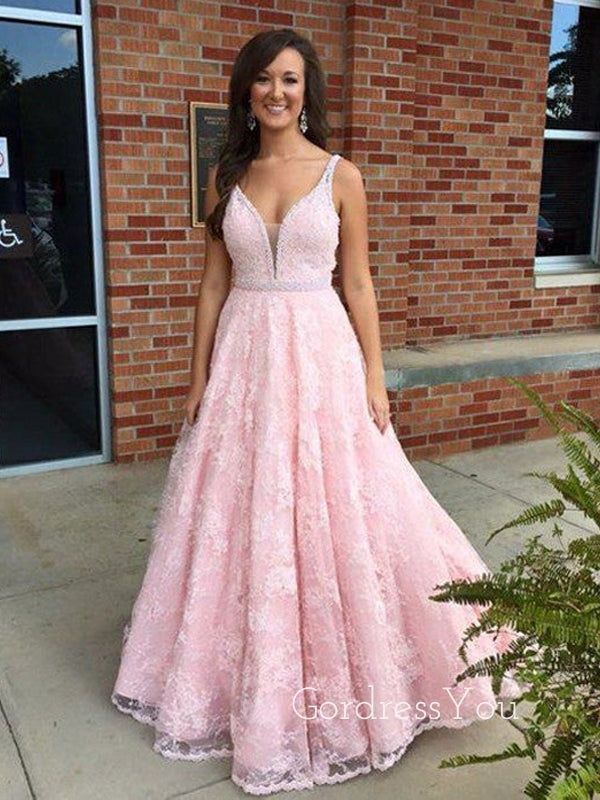 Pink Lace V Neck Applique Long Pretty Cheap Prom Dress, BG51554