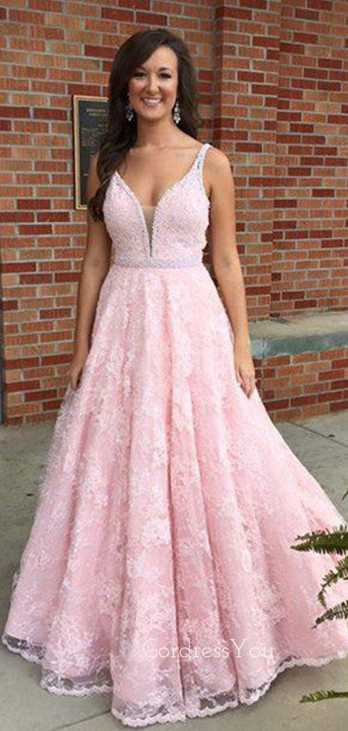 Pink Lace V Neck Applique Long Pretty Cheap Prom Dress, BG51554