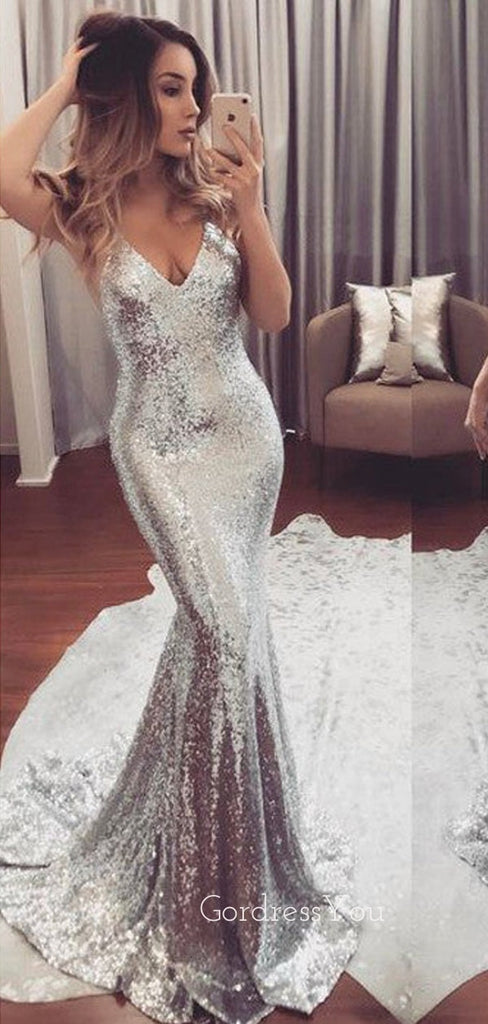 Silver Backless Cheap Sequin Sexy Sparkle Mermaid Long Prom Dresses, BG51547