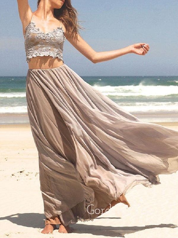 Grey Sexy Lace Two Pieces Cheap Long Beach Prom Dresses, BG51518