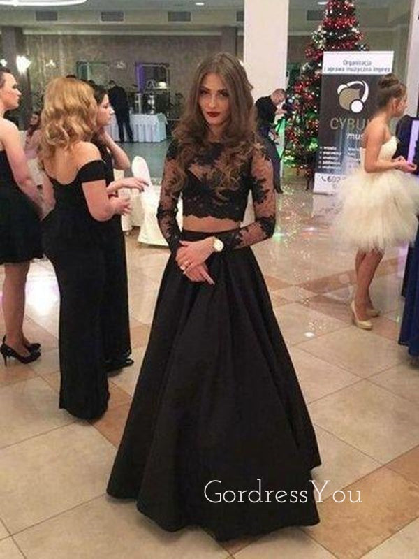 Black Two Pieces Long Sleeves Sexy Long Prom Dress, BG51492