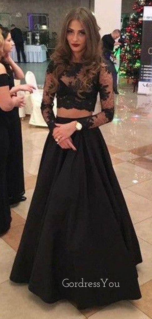 Black Two Pieces Long Sleeves Sexy Long Prom Dress, BG51492