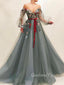 Off the Shoulder Long Sleeves A Line Tulle Long Prom Dresses SPE152