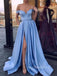 Off-shoulder Light Blue High Split Cheap Long Prom Dresses, PD0161