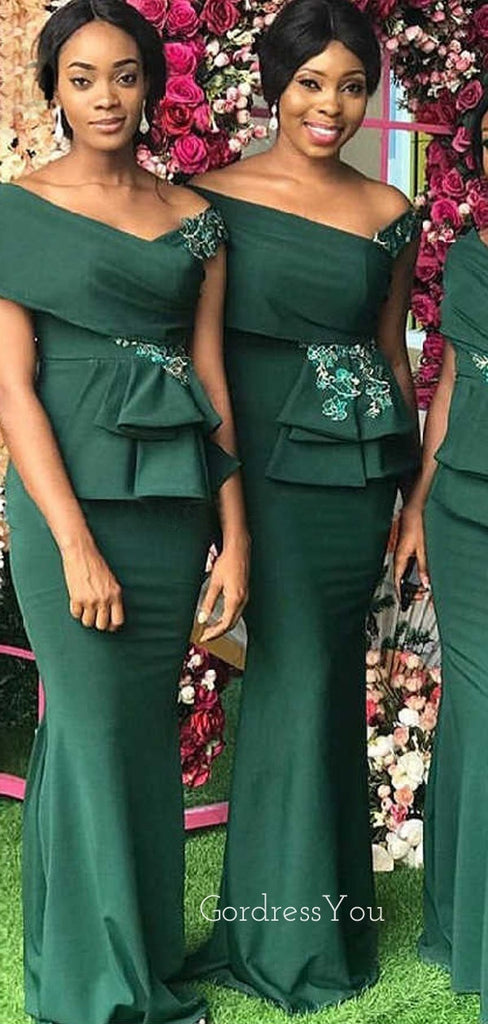 Dark Green Satin Mermaid Appliques Long Custom Bridesmaid Dresses , BN1141